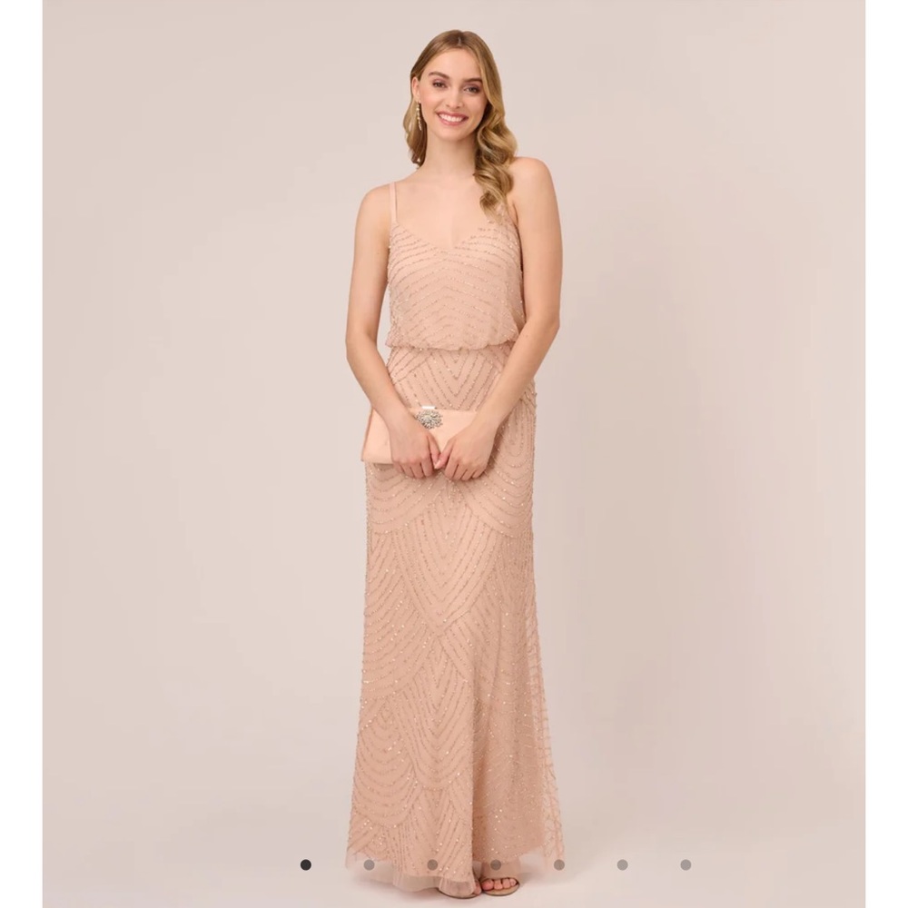 Adrianna Papell ART DECO BEADED BLOUSON GOWN IN BLUSH